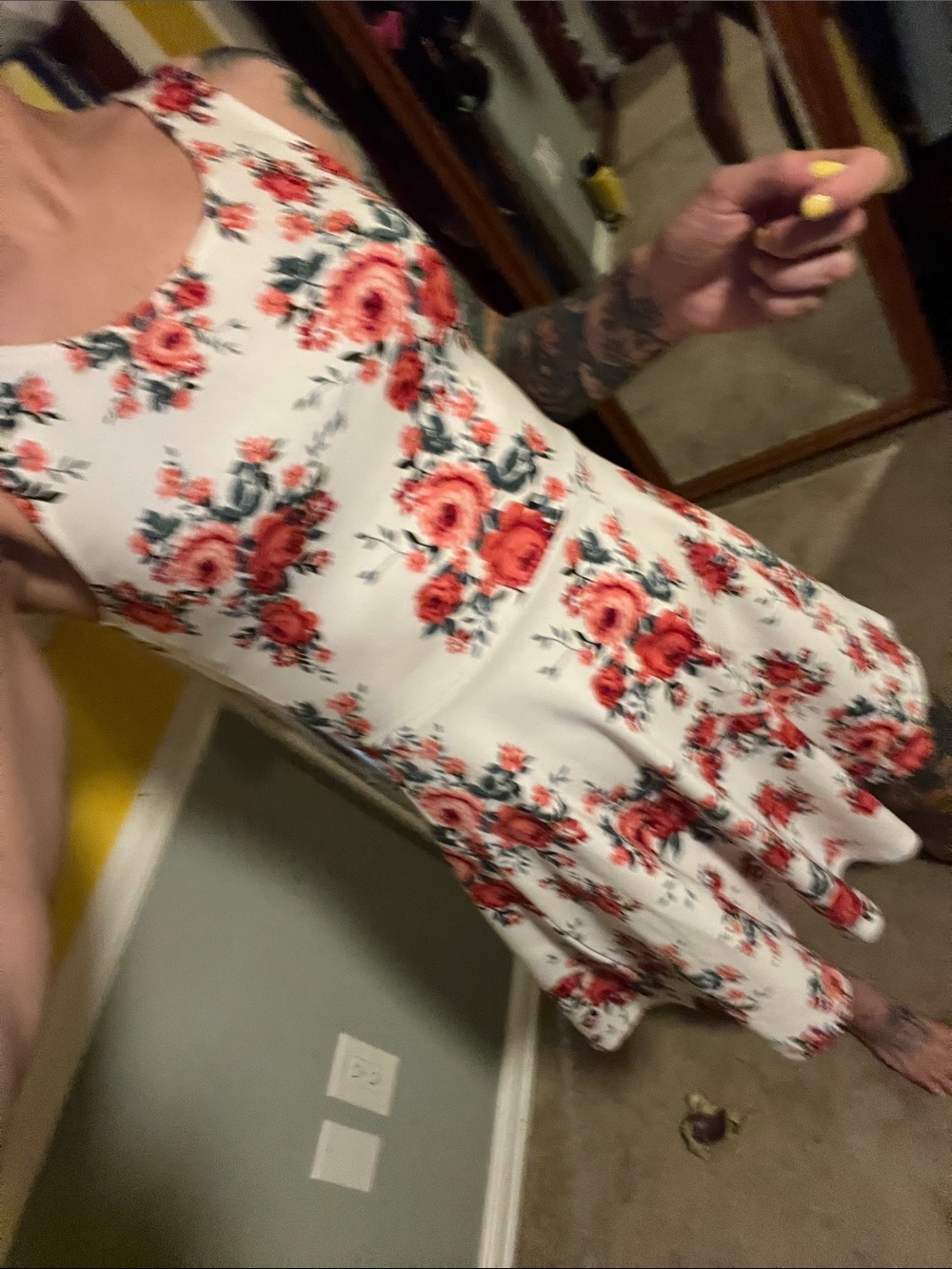 Divided White Floral Asymmetrical Dress with Red Roses
